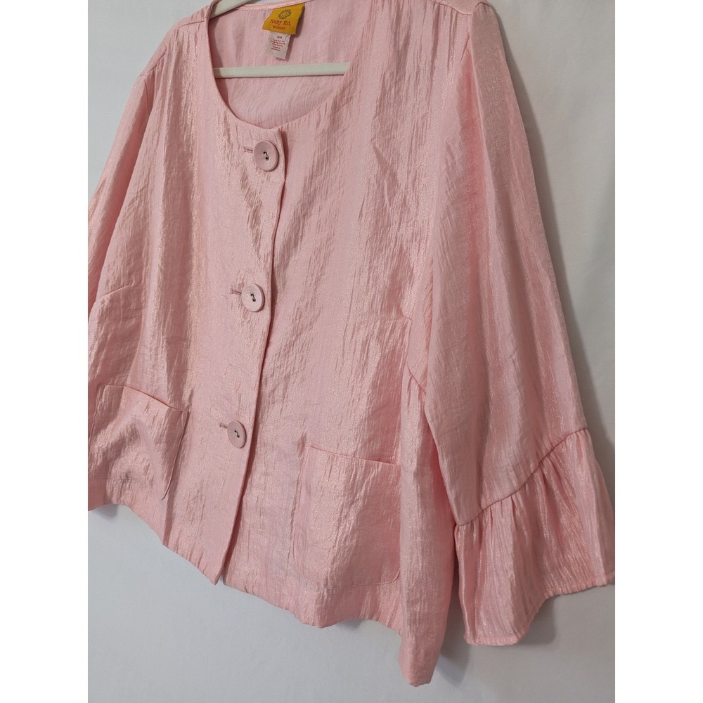 Ruby Rd Woman Pink Button Front Satin Jacket Ruffle Cuff Career Casual Top 18W - Picture 3 of 9